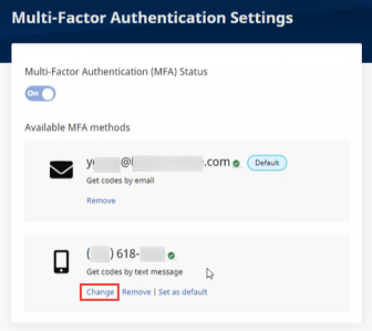 In the image, users can click the Change link below the Multi-Factor Authentication option, such as a phone number, at bottom.